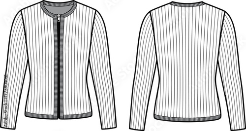 Ribbed cardigan front and back view, fashion flat sketch, clothing design, vector illustration