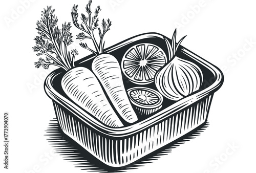 Arrangement of fresh vegetables and lemon slices in a container