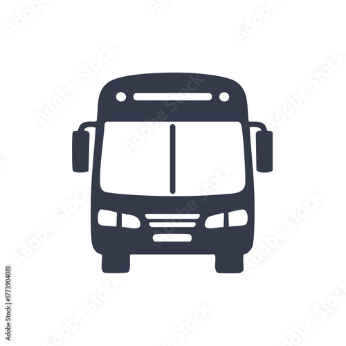 Front view illustration of a dark bus with headlights, a windshield, and side mirrors.