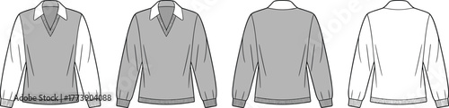 Men’s v-neck sweater layered with collared shirt, front and back view, cad vector illustration