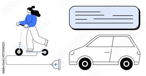 Woman on electric scooter beside charging plug, compact car, and abstract text box. Ideal for sustainability, transportation, eco-tech, mobility, energy efficiency, green commute simple flat