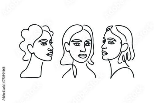 Three abstract female portraits in a continuous line style