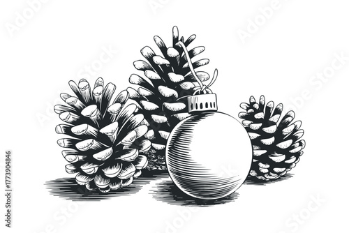 Ornament and pinecones still life etching