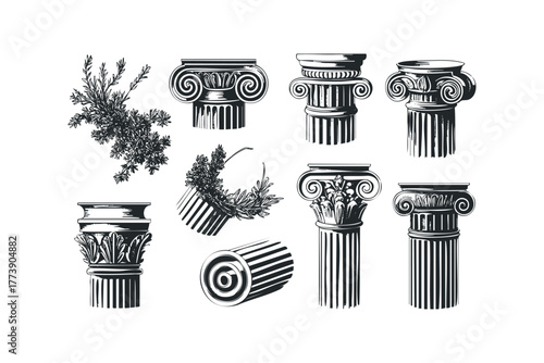 Collection of Ionic and Corinthian Column Capitals with Foliage
