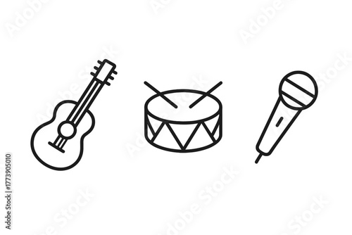 Minimalistic music icons featuring guitar, drum, and microphone on dark background