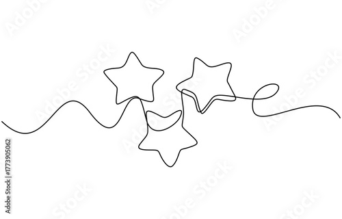 Continuous one line drawing of Three stars vector, Illustration isolated on transparent background. Editable stroke
