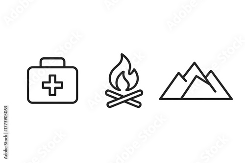 Minimalistic outdoor icons first aid, campfire, mountain symbols on dark background