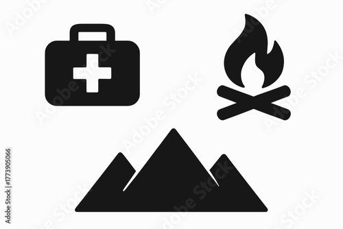 Outdoor adventure icons campfire, first aid kit, mountain silhouette