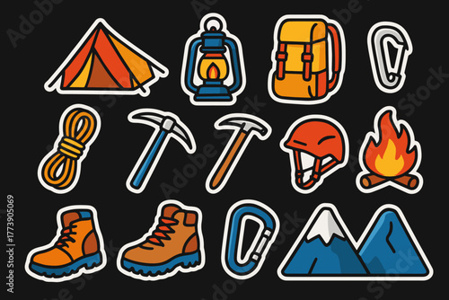 Camping adventure gear icons in vibrant sticker style for outdoor enthusiasts