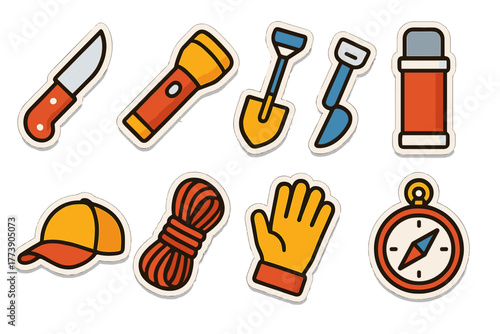 Camping gear stickers set tools for outdoor adventure