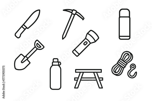 Outdoor adventure gear silhouette icons for camping and hiking