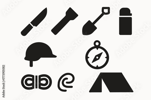 Camping essentials silhouette icons knife, flashlight, shovel, thermos, helmet, compass, camping tent