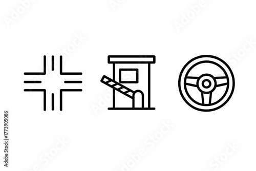 Minimalist traffic icons intersection, barrier, steering wheel on dark background