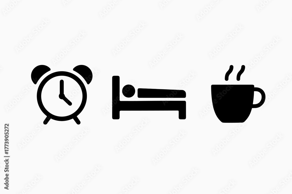 Naklejka premium Morning routine icons featuring alarm clock, sleeping person, and steaming coffee mug
