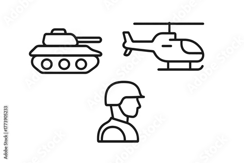 Military icons set tank, helicopter, soldier in linear black design on gray background