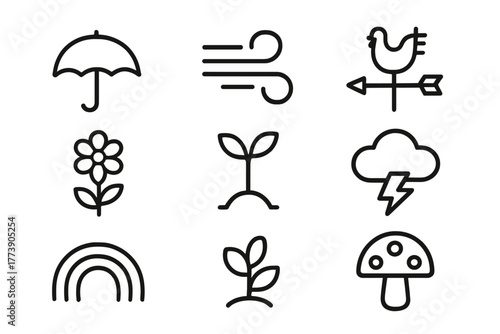 Minimalist weather and nature icons umbrella, wind, flower, lightning, rainbow, mushroom