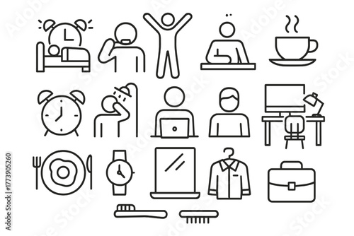 Daily routine line icons set featuring coffee, work, and fitness