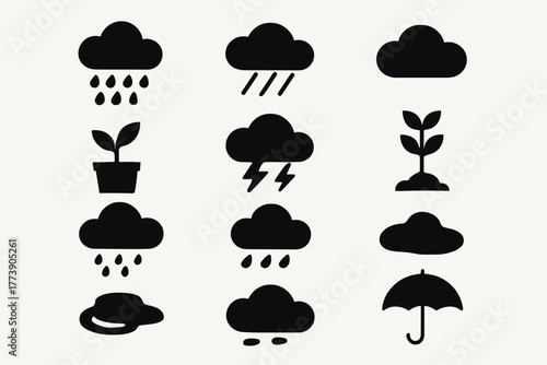 Black weather icons collection featuring clouds, rain, and growth elements