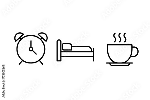 Minimalistic morning routine icons depicting alarm, bed, coffee