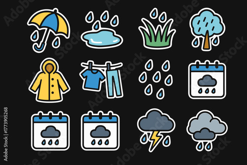 Colorful weather elements icons for rainy days calendar, clothing, umbrella, cloud