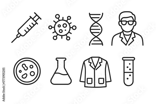 Linear icons of science lab equipment, virus, scientist and research elements