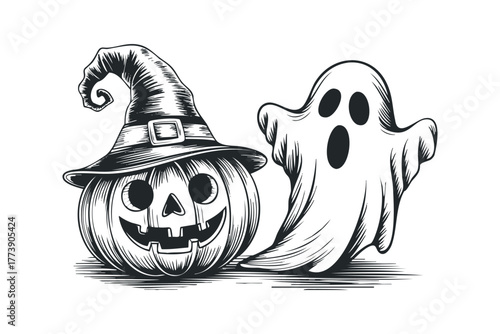 Jack-o-lantern wearing witch hat with friendly ghost beside