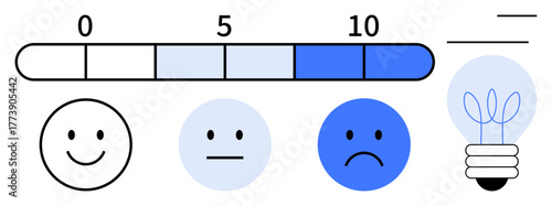 Scaled feedback bar with numbers 0-10, happy to sad emotion faces, and glowing light bulb. Ideal for surveys, satisfaction ratings, decision-making, brainstorming, progress tracking, evaluation