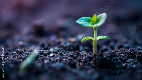 Young plant seedling emerging from soil macro closeup blurred background