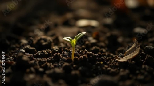 Young plant seedling emerging from dark soil in natural sunlight