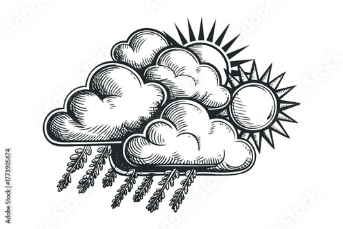 Weather symbol with sun and rain clouds