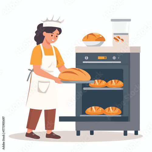 A female baker wearing a chef's hat is placing a tray of bread into an oven.