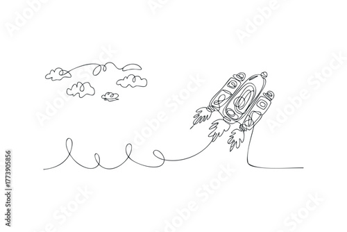 Single line drawing of a rocket soaring through clouds