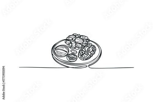 Hand drawn line art of assorted nuts in a shallow bowl