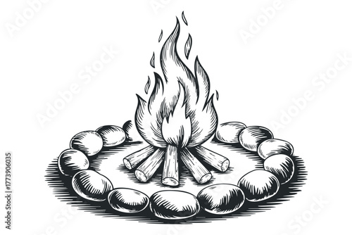 Campfire with Wood Logs and Rocks