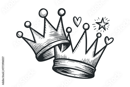 Two Hand Drawn Crowns with Hearts and Star