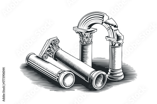 Ancient Ruined Architectural Columns and Arch