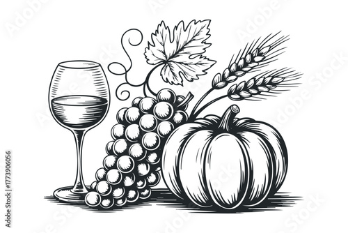 Still life wine glass with grapes and pumpkin