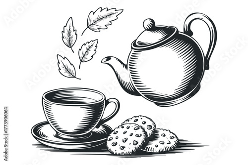 Cup of tea with cookies and leaves