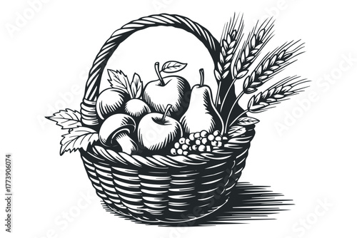 Woven basket filled with apples pears mushrooms grapes and wheat stalks