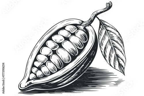 Cocoa pod cut open revealing beans and leaf