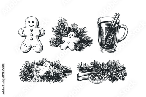 Gingerbread man and festive drink with pine branches