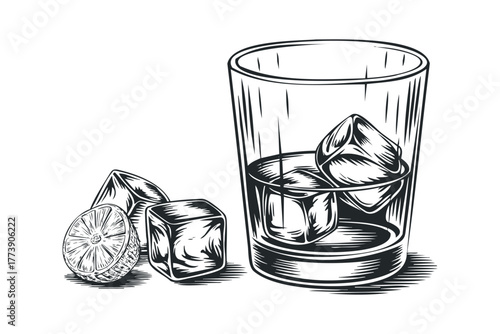 Whiskey glass with ice and lemon slice