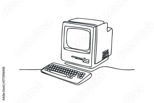 Old computer and keyboard line drawing