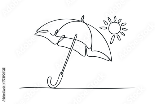 Line art umbrella and sun for protection and weather concept