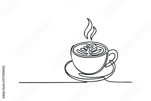 Single line drawing of hot coffee in cup and saucer
