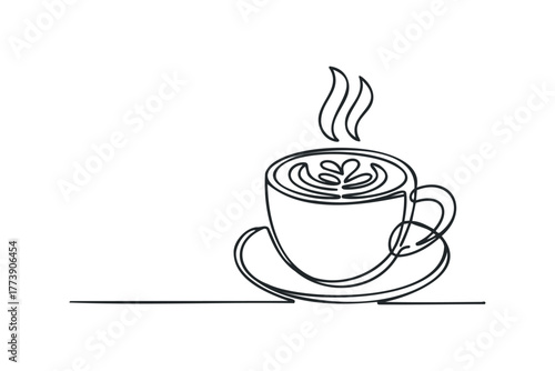 Steaming coffee cup with latte art on saucer line drawing
