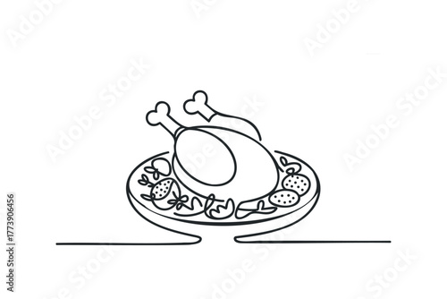 Roast poultry on platter with garnish line drawing