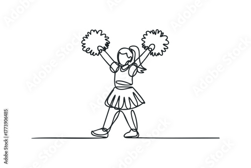Single line drawing of a cheerleader with pom-poms