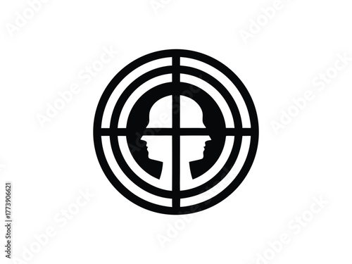 Target symbol with two opposing human profiles facing inward crosshairs scope