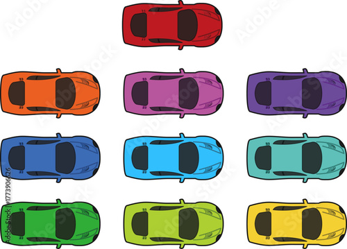 Colorful collection of cars seen from above